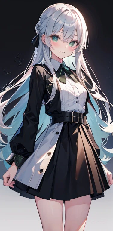 blush, 1 Girl, smile, alone, green_eye, Closed_mouth, 前hair, black_skirt, blackリボン, virtual_YouTuber, Silver_hair, Simple_background, Open_Clothes, dress, black_belt,