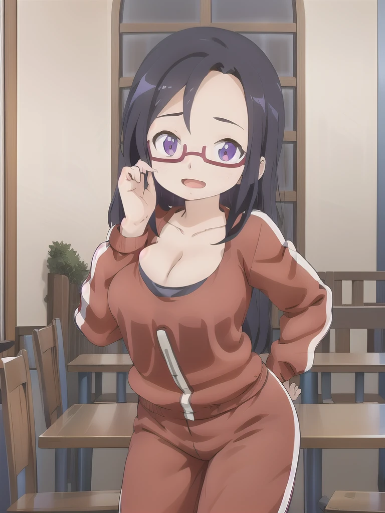 master-piece, bestquality, 1girls,16 years old, View viewers from front, HD, slight smile, massive tits, cleavage, under , tights cloth, , tiny body, under tits cleavage, look down, stand up, wide hips, sakie, black hair, red-framed eyewear, purple eyes, track suit, track jacket, semi-rimless eyewear, under-rim eyewear, track pants, in church, on her kneel, wear glasses, open mouth,