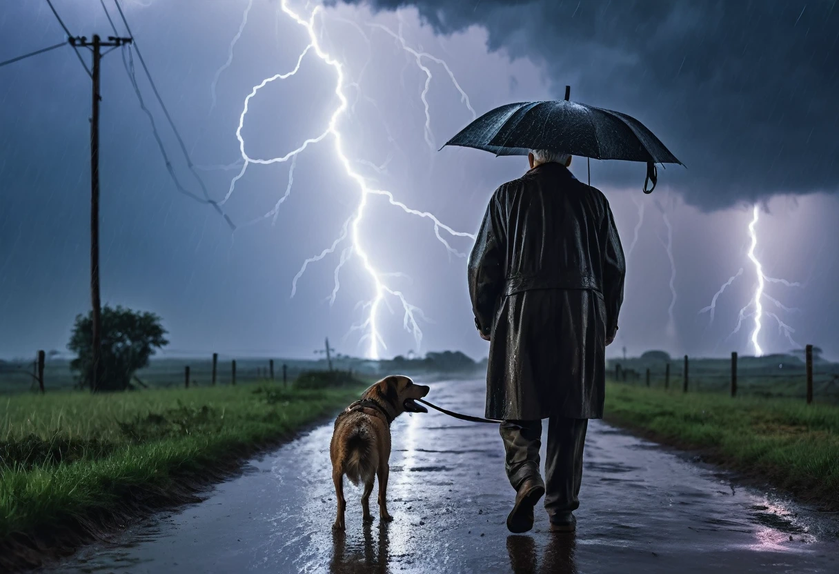 In heavy rain，In the distance，An old man and his dog in the rain，Sky lightning，RAW，uhd，8K，Detailed Details，Best quality，Sense of atmosphere，
