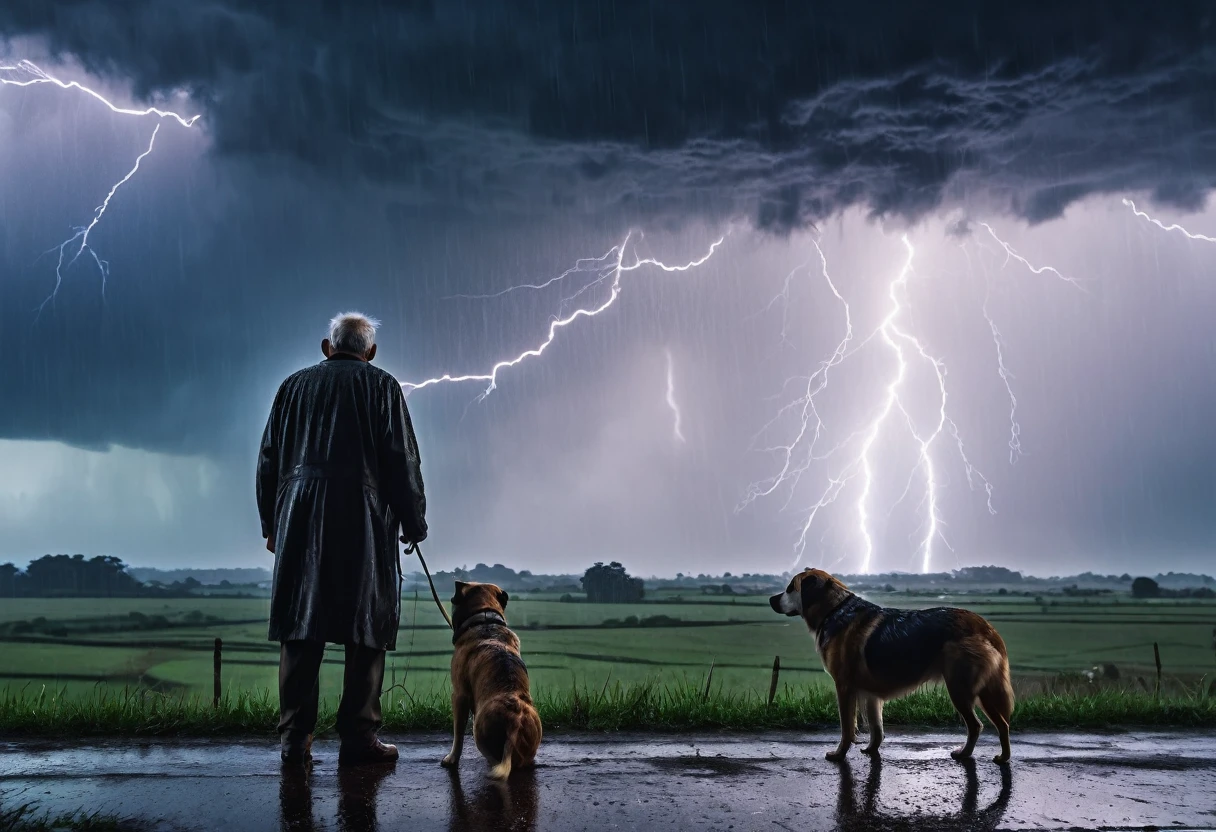 In heavy rain,In the distance,An old man and his dog in the rain,Sky lightning,RAW,uhd,8K,Detailed Details,Best quality,Sense of atmosphere,