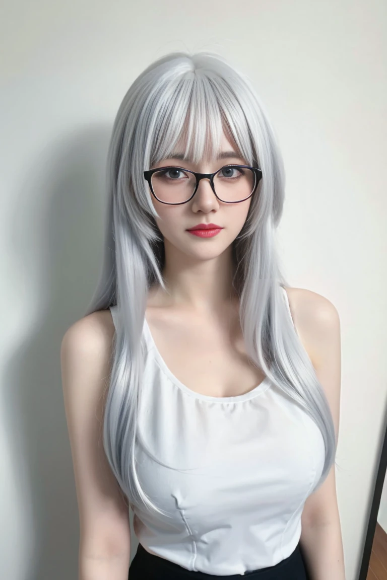 best quality, tmasterpiece,Ultra-high resolution,Clear face,（Reality：1.4），ferpect lighting，(upper body), (photorealistic:1.50), anime wallpaper, Guviz style artwork, cover-up fantasy up to magic , by Yang J, Guviz, beautiful artwork illustration, beautiful digital artwork, beautiful digital illustration, Li Song, beautiful anime portrait, art style in Beauvot, 1girl, 独奏, long hair, hair ribbon, (white hair:1.5), bangs, purple eyes, double eyelids, blush, Red cheeks, black Tank top, Tank top, Short skirt, (Wearing glasses:1.5), (medium breast:1.5), shagging breasts, Cleavage, indoor, room, standing,