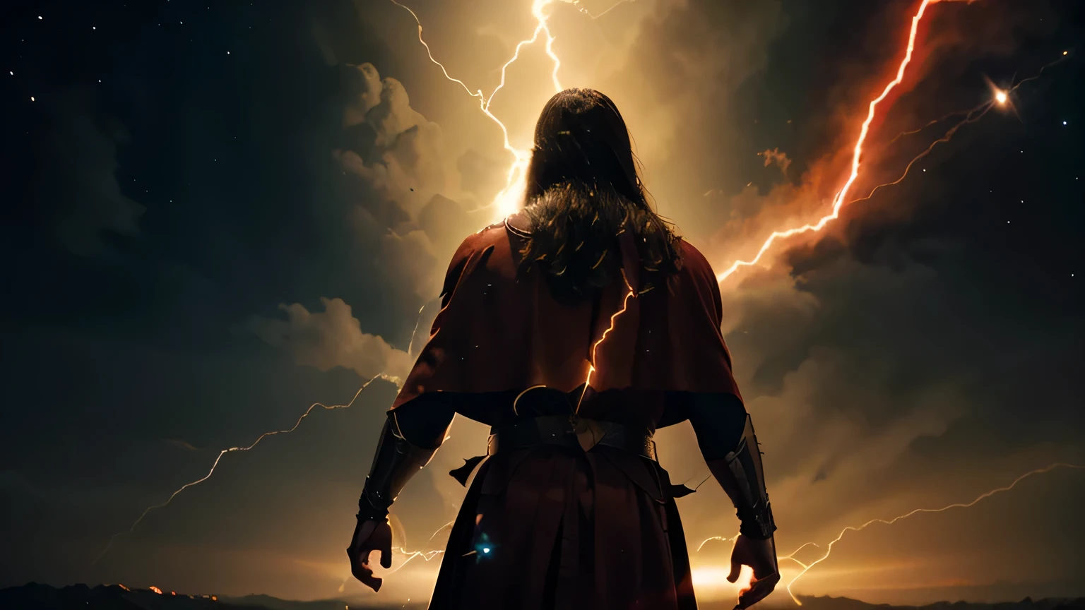 JESUS ​​AS A WARRIOR WITH A RED CAPE, WITH YELLOW LIGHTNING FLASHES COMING OUT OF HIM WITH POWER VIEWED FROM BEHIND, STANDING IN THE MIDDLE OF OUTER SPACE