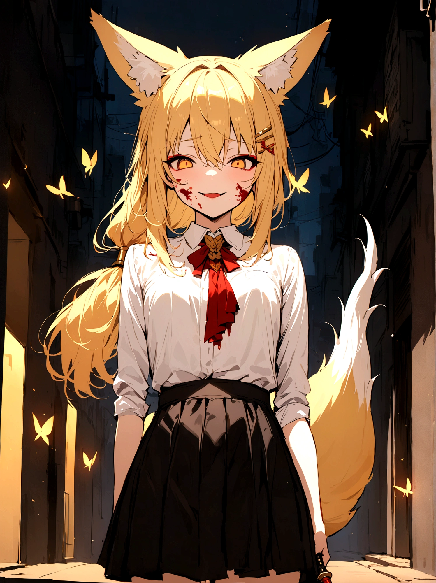 (masterpiece, best quality) junior,detailed, (beautiful,small breasts), blonde,long hair, side ponytail(tied to the left),Hairpin decoration with gold butterfly, elegant, (fox ears),nine tailed fox tail, red eyeshadow, golden eyes, femur,dark night sky,Alley background,girl,yandere eyes,bloody face,bloody clothes(white shirt),free,Bloody(blood on fullbody),holding a sword hilt,bloody dagger(knife),evil smile