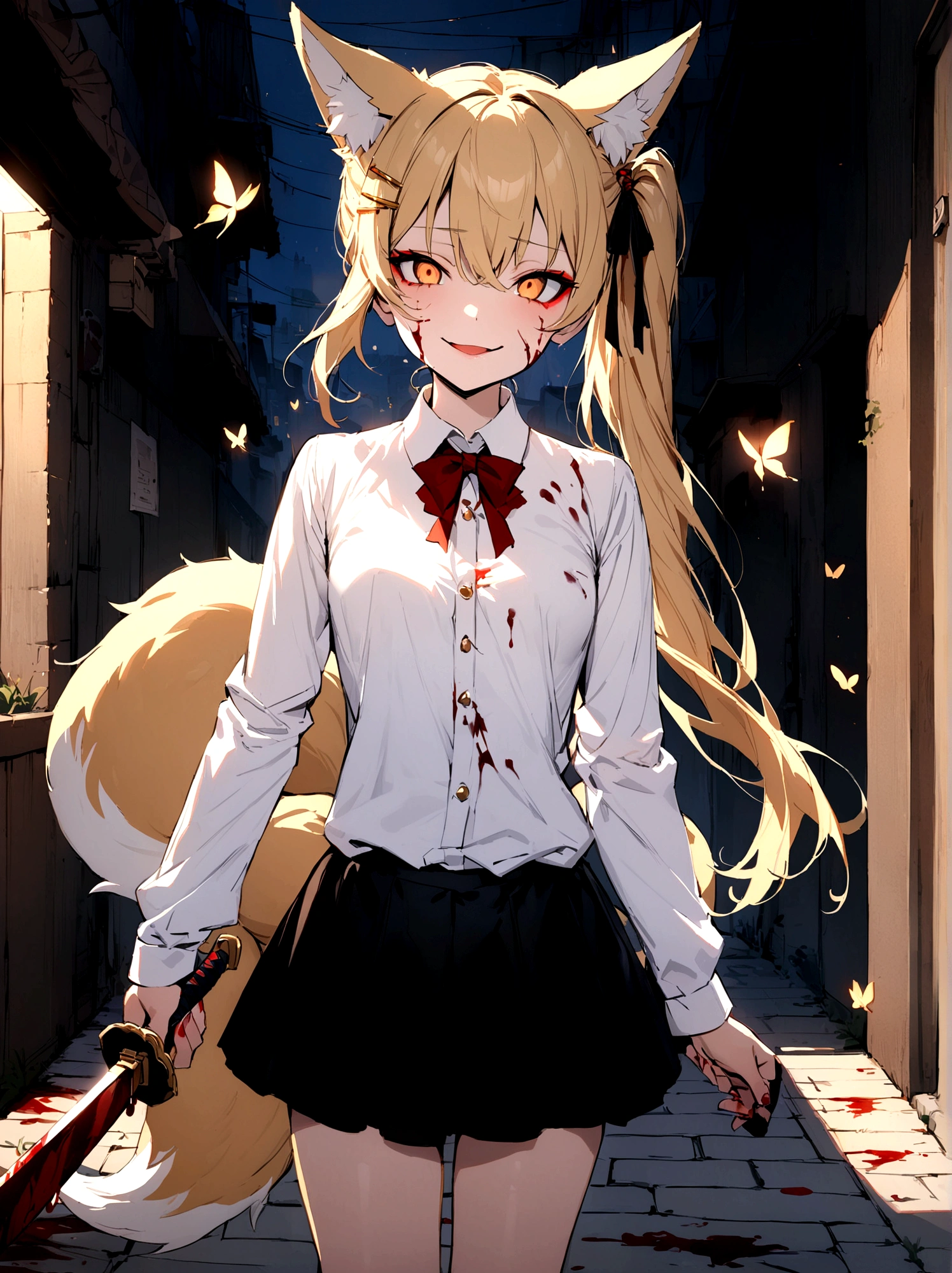 (masterpiece, best quality) junior,detailed, (beautiful,small breasts), blonde,long hair, side ponytail(tied to the left),Hairpin decoration with gold butterfly, elegant, (fox ears),nine tailed fox tail, red eyeshadow, golden eyes, femur,dark night sky,Alley background,girl,yandere eyes,bloody face,bloody clothes(white shirt),free,Bloody(blood on fullbody),holding a sword hilt,bloody dagger(knife),evil smile