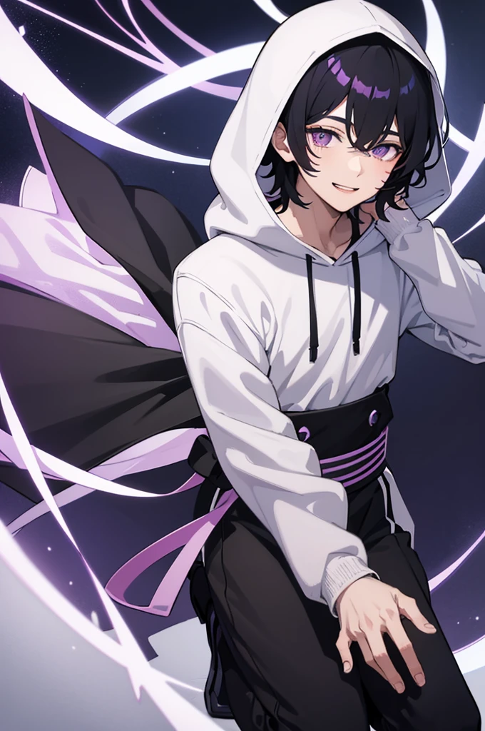 anime way, Boy with messy black hair covering half of his face, purple eyes, white puel, white medieval hoods, carefree smile, cute face 16 year old male boy with hair covering half of his face, with a hood on top make it even more masculine