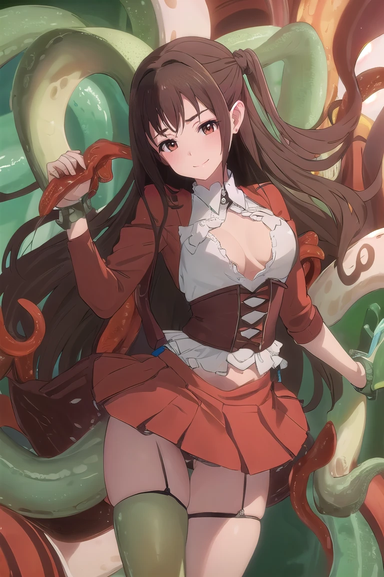 Brown Hair、smile、solo girl、Thighs、restrained by tentacles、Leg spread、SEX and tentacle、flesh wall、Mucueat wall、Being lifted by tentacles、woman on top、vaginale,sex、garter belt、skirt