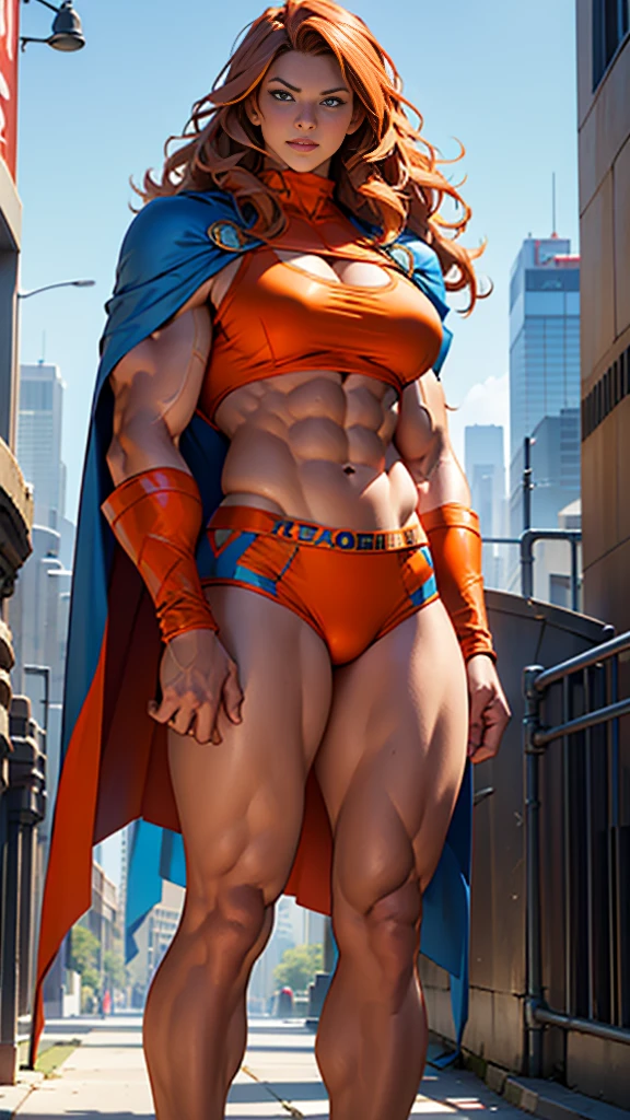 (muscular brute beautiful tall Lorah), huge strong biceps volume, huge exposed chest muscles volume, strong bodybuilder muscles, exposed abs skin, (huge firm breasts volume), city background, wavy orange hair, blue eyes, tight orange leather superheroine underwear and blue cape