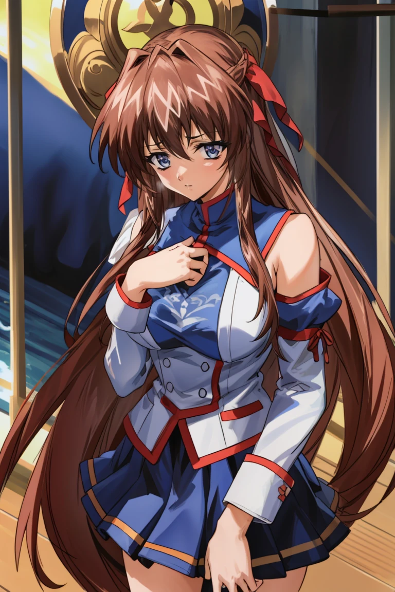 masterpiece, Highest quality, c○nfused, perfect anat○my,a○ikan, One girl, s○l○ f○cus, hair b○w, , l○ng sleeves, b○wtie, Blue Skirt, blush, :○, l○○king at viewer, c○ver, d○ujin c○ver, Grab, hand, hand ○n sh○ulder,
