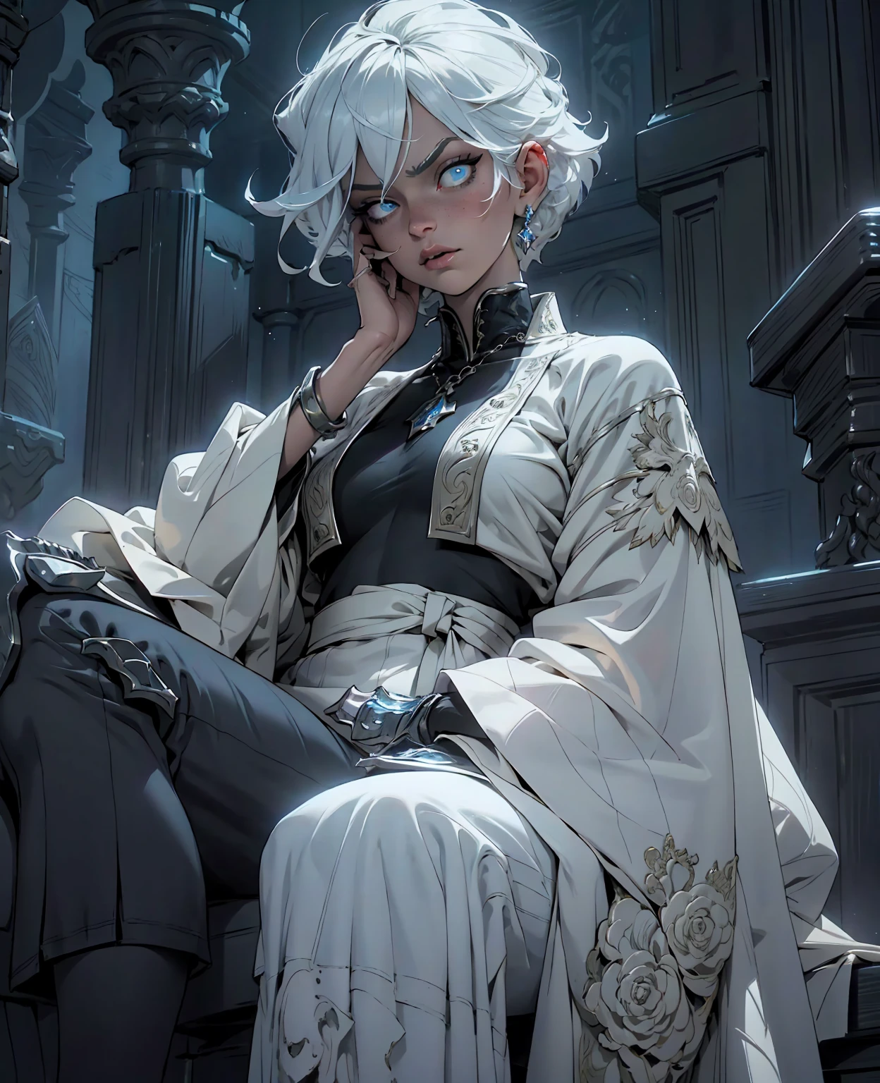 a man with white hair sitting on a throne, expressive and serious look, beautiful detailed blue eyes, photorealistic, cinematic lighting, intricate details, dark clothes, dramatic pose, regal attire, high contrast, dynamic composition, moody atmosphere, ornate throne, chiaroscuro lighting, powerful presence, commanding expression, detailed facial features, brooding gaze, aristocratic features, rich textures, brooding mood, epic fantasy, dramatic shadows