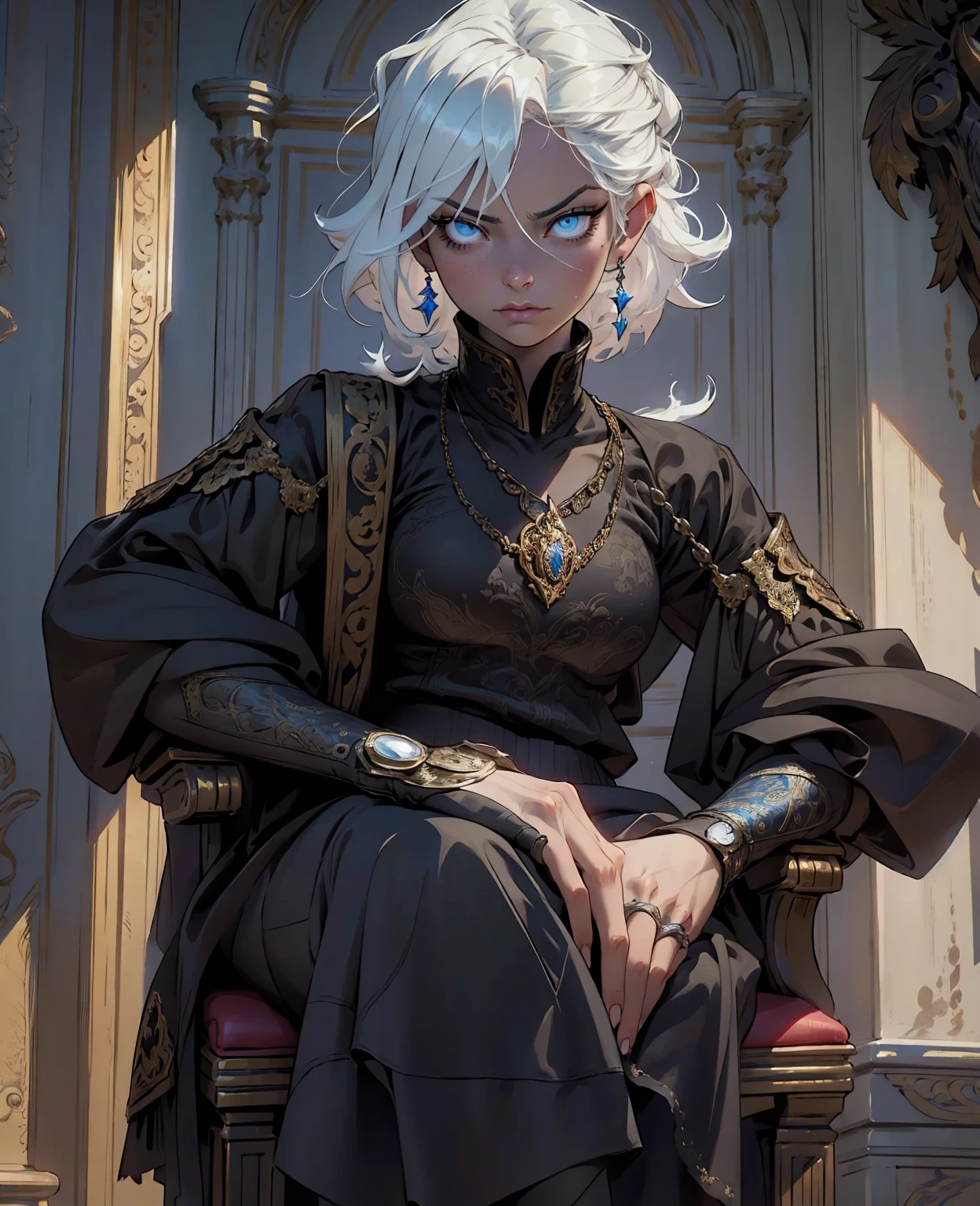 a man with white hair sitting on a throne, expressive and serious look, beautiful detailed blue eyes, photorealistic, cinematic lighting, intricate details, dark clothes, dramatic pose, regal attire, high contrast, dynamic composition, moody atmosphere, ornate throne, chiaroscuro lighting, powerful presence, commanding expression, detailed facial features, brooding gaze, aristocratic features, rich textures, brooding mood, epic fantasy, dramatic shadows