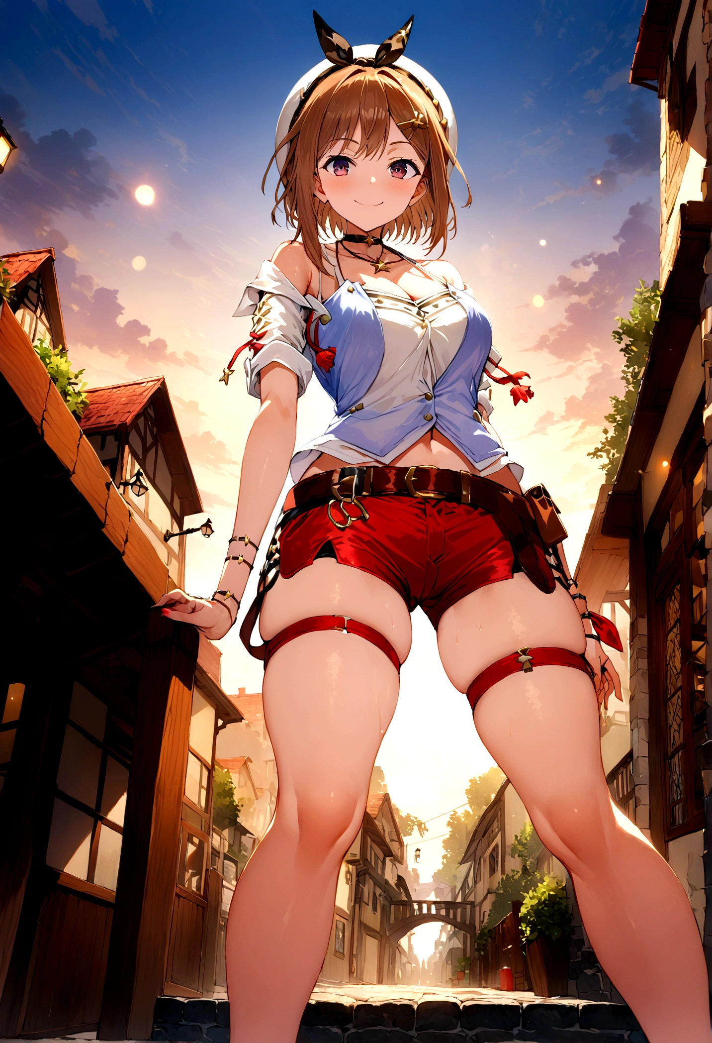 score_9, score_8_up, score_7_up,,,rating_safe. BREAK , (from side.below view,macro angle,feet focus,standing,straight-on,,(mediumshot),looking_at_viewer ,1girl, reisalin stout, choker, beret, hair ornament, hairclip, cleavage, short sleeves, vest, bare shoulders, single glove, belt, short shorts,  outdoors, solo, days, smile, (masterpiece), (best quality), (ultra-detailed), illustration, perfect composition, intricate details, moist skin, intricate details, HDR, bokeh,