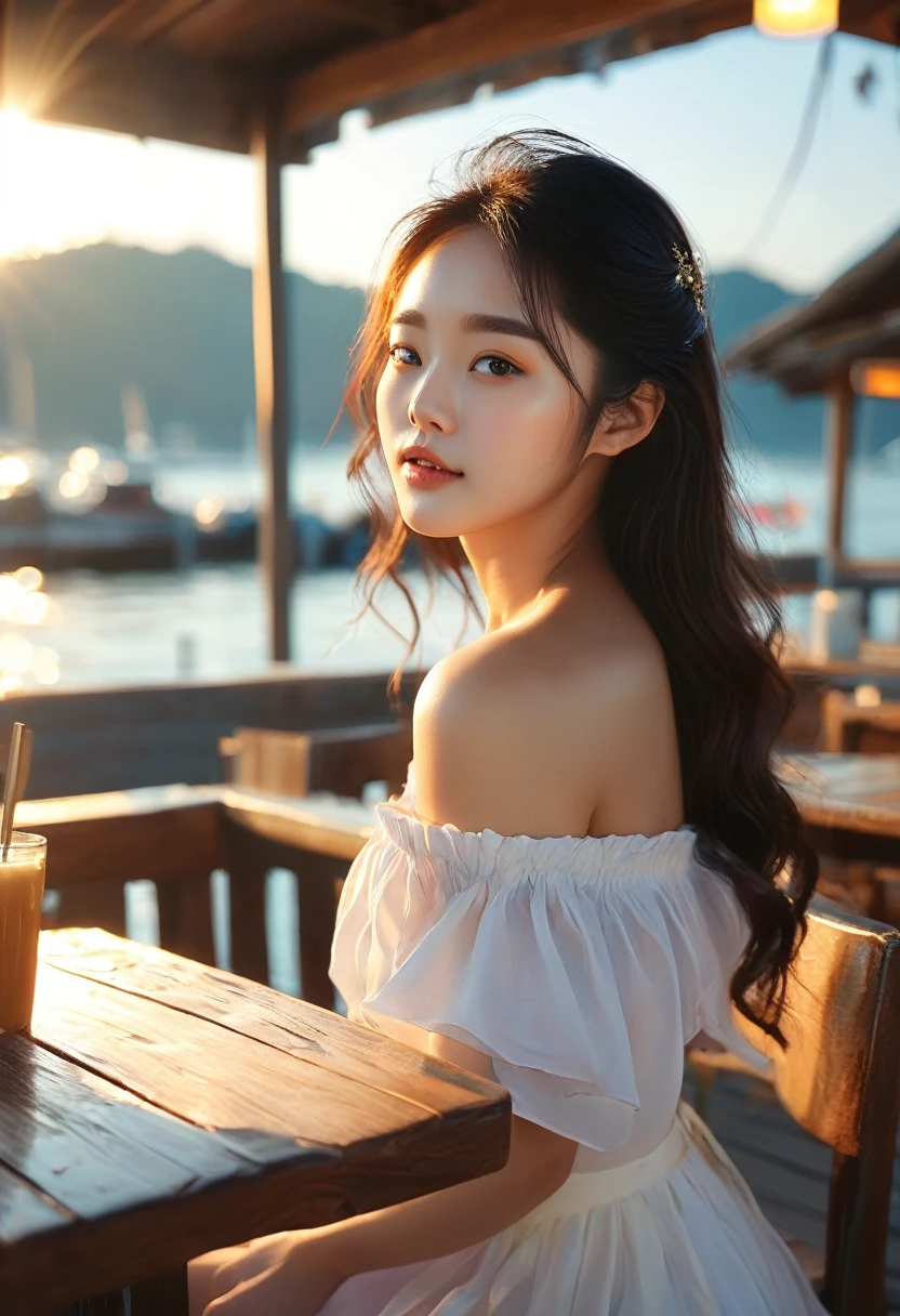 Morning rise, warm sunlight,korean woman sitting on a wooden table at a wooden cafe outside , sunrise atmosphere at a dock, wooden dock, a photorealistic painting by Raymond Han, tumblr, realism, gorgeous young korean woman, beautiful south korean woman, beautiful young korean woman, korean girl, beautiful asian girl, young asian girl, jaeyeon nam, asian girl, korean woman, sitting on a mocha-colored table, a young asian woman