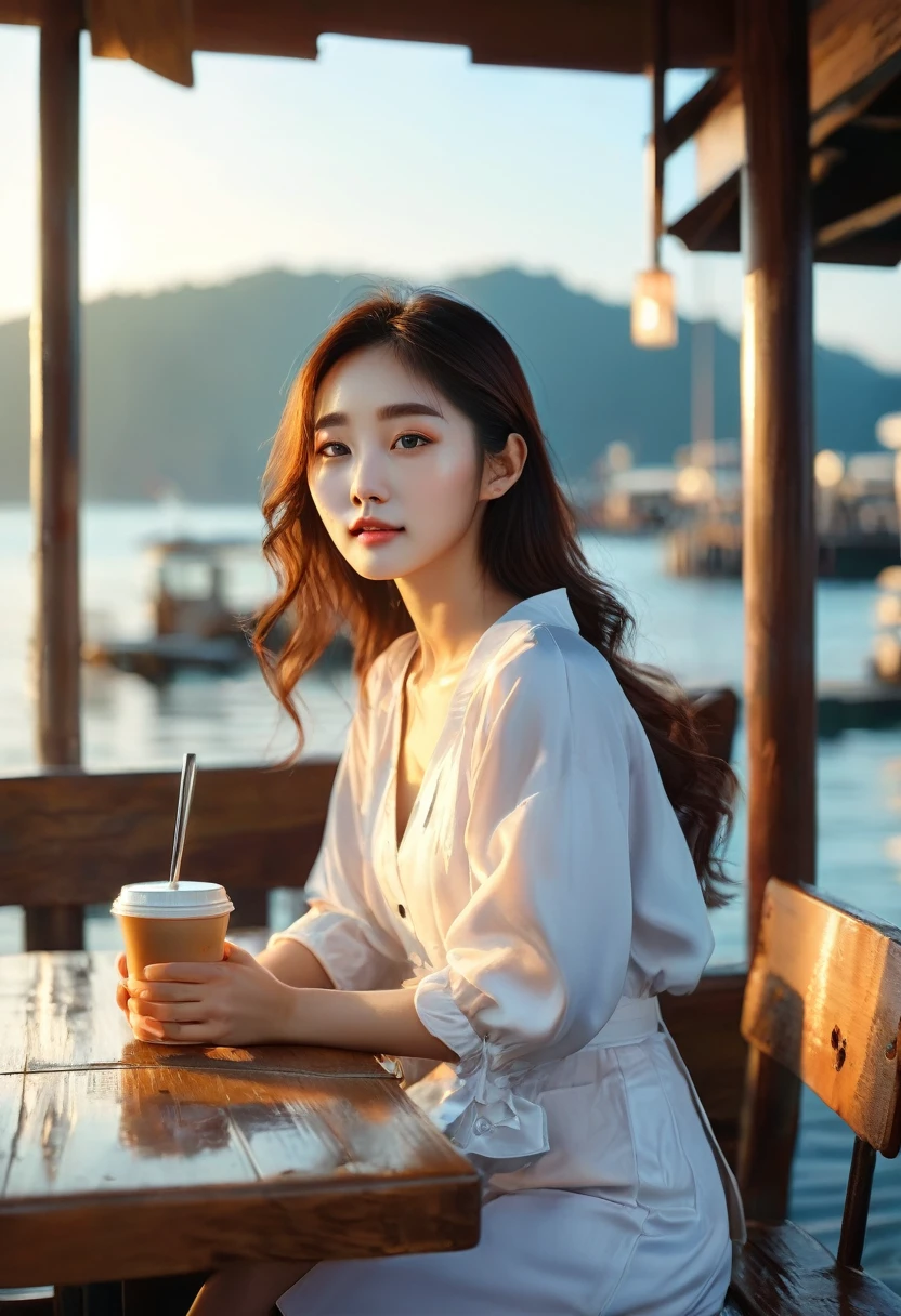 Morning rise, warm sunlight,korean woman sitting on a wooden table at a wooden cafe outside , sunrise atmosphere at a dock, wooden dock, a photorealistic painting by Raymond Han, tumblr, realism, gorgeous young korean woman, beautiful south korean woman, beautiful young korean woman, korean girl, beautiful asian girl, young asian girl, jaeyeon nam, asian girl, korean woman, sitting on a mocha-colored table, a young asian woman
