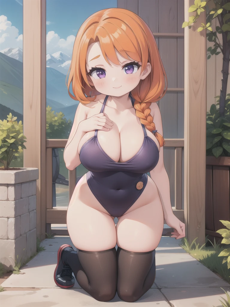 master-piece, bestquality, 1girls,, View viewers from front, HD, slight smile, big tits, cleavage, under , tights cloth, , tiny body, under tits cleavage, look down, on kneels, wide hips, leah, single braid, orange hair, purple eyes, button gap, undersized clothes, swimsuit, outdoor, mountain,