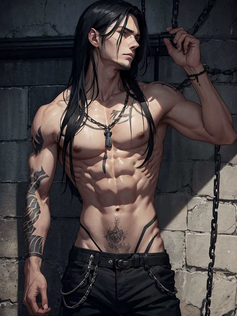 A dark-haired man with shoulder-length hair, very thin and few muscles, He has several tattoos all over his body., has pale skin, aggressive face, He is chained in a prison in an ancient castle, His hands tied to chains hanging from the top of the walls, He has no shirt and is wearing tight black pants., dirty and broken, He has scars on his torso and a cut on his face is bleeding..