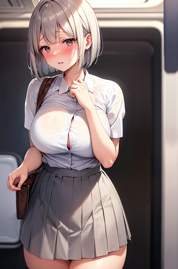 high resolution、high quality、Beautiful woman with her bra straps visible through her shirt、Big 、Beautiful woman holding a strap on a train、Bobcut、Very embarrassed、Beige silver hair、Sweaty、adult、indoor、Student Uniform、high school girl、Thighs、skirt、White Shirt、Bursting breasts、pants、Waistline