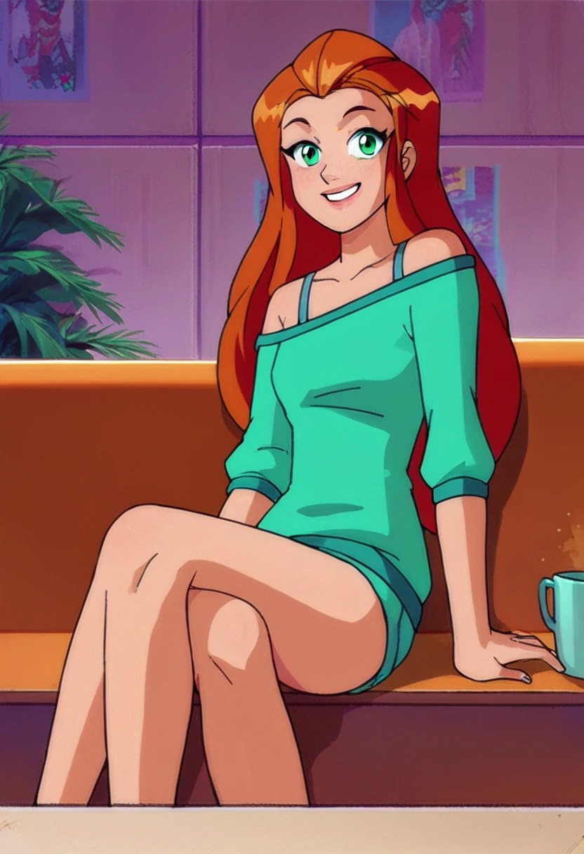 score_9, score_8_up, score_7_up, 
1girl, sam ts, long hair, orange hair, green eyes, 

sitting, pov, across table, looking at viewer, smile, pretty,

green shirt, off-shoulder shirt, bra strap, 