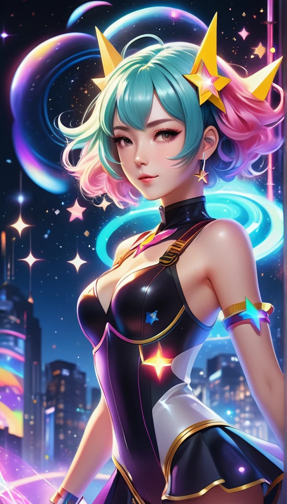 A vibrant anime-style magical girl with rainbow-colored hair, wearing a futuristic costume with glowing accents, wielding a star-shaped wand, surrounded by floating holographic symbols and sparkles