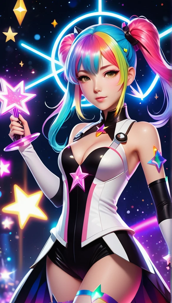 A vibrant anime-style magical girl with rainbow-colored hair, wearing a futuristic costume with glowing accents, wielding a star-shaped wand, surrounded by floating holographic symbols and sparkles