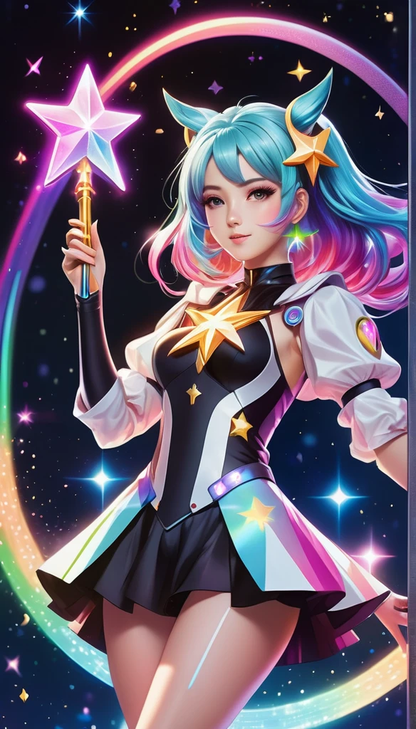 A vibrant anime-style magical girl with rainbow-colored hair, wearing a futuristic costume with glowing accents, wielding a star-shaped wand, surrounded by floating holographic symbols and sparkles