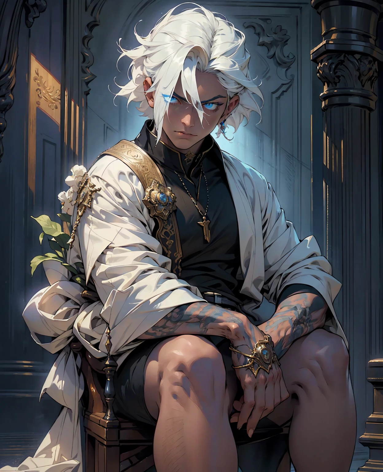 a young man with white hair sitting on a throne, expressive and serious look, beautiful detailed blue eyes, photorealistic, cinematic lighting, intricate details, masterpiece, dark clothes, king, dramatic, regal, powerful, majestic, high-resolution, hyperrealistic, sharp focus, chiaroscuro lighting, dramatic shadows, moody atmosphere, deep colors, cold tones