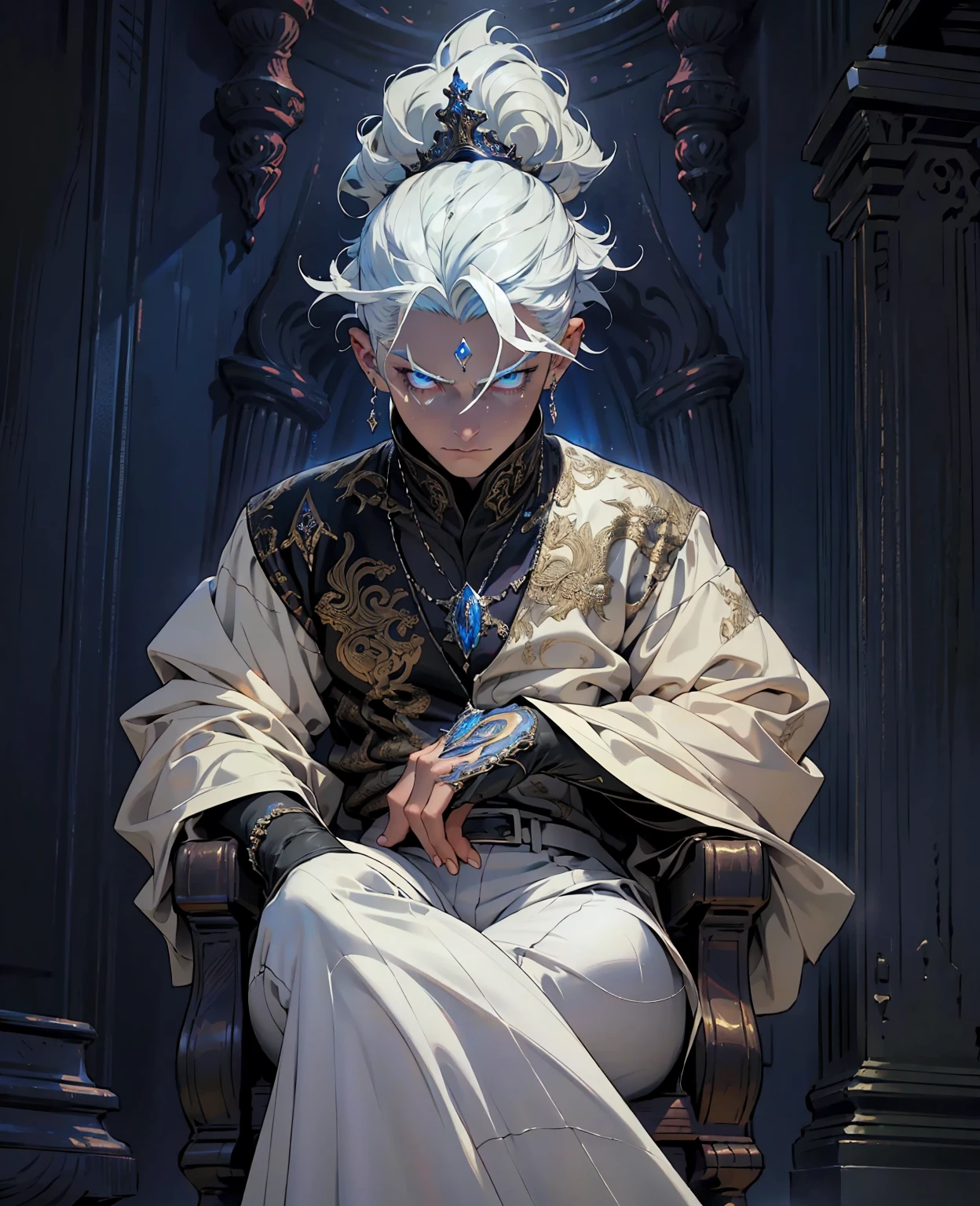 a young man with white hair sitting on a throne, expressive and serious look, beautiful detailed blue eyes, photorealistic, cinematic lighting, intricate details, masterpiece, dark clothes, king, dramatic, regal, powerful, majestic, high-resolution, hyperrealistic, sharp focus, chiaroscuro lighting, dramatic shadows, moody atmosphere, deep colors, cold tones