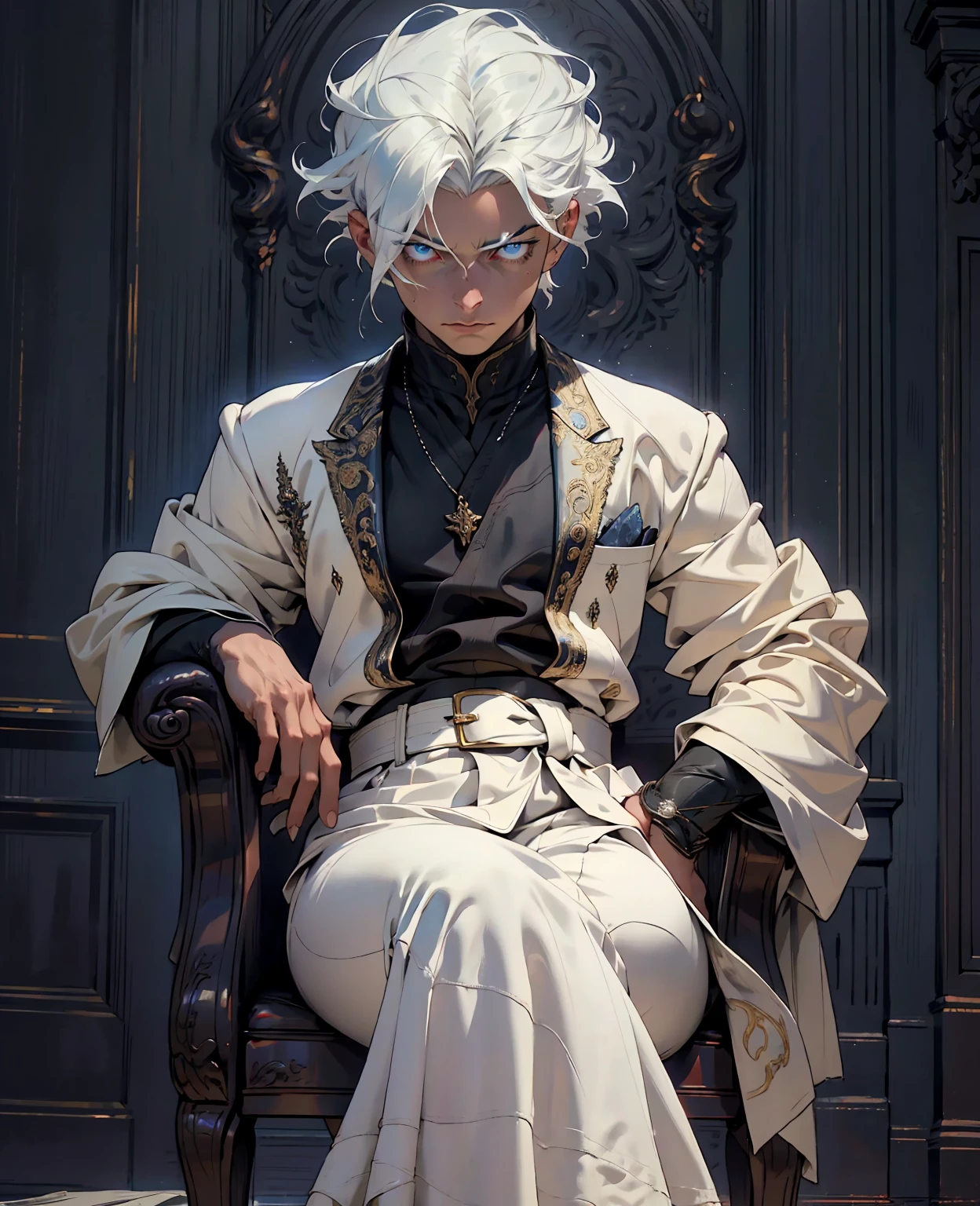 a young man with white hair sitting on a throne, expressive and serious look, beautiful detailed blue eyes, photorealistic, cinematic lighting, intricate details, masterpiece, dark clothes, king, dramatic, regal, powerful, majestic, high-resolution, hyperrealistic, sharp focus, chiaroscuro lighting, dramatic shadows, moody atmosphere, deep colors, cold tones