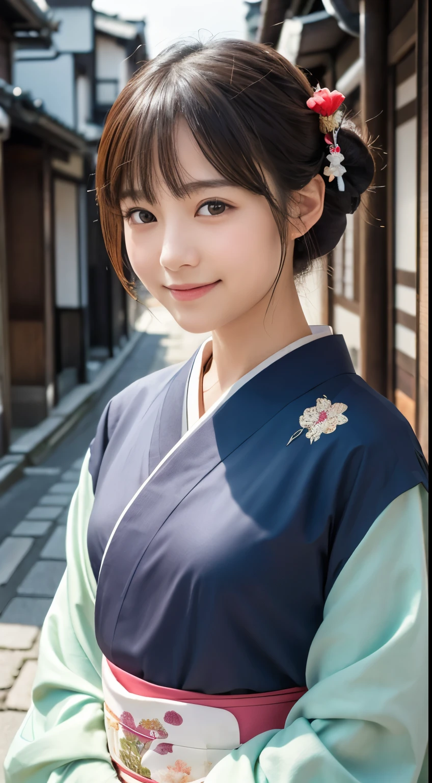 Professional Lighting,(Realistic:1.4), (Top image quality:1.0), (超High resolution:1.0), 8K, Raw photography, (masterpiece:0.2), (Dealing with the ren_v1:0.5)、(最高quality Detail:1.2)、Realistic、8K Ultra HD、High resolution、(1 Girl:1.2)、超detailedな、High quality textures、複雑なdetailed、detailed、Very detailed CG、High quality shadows、detailed 美しく繊細な顔、Beautiful details and a delicate eye、(Symmetrical eyes:1.2),Written boundary depth、Ray Tracing,1 Girl, Japanese Girls, (Natural smile:1.4),cute, thin, Portrait of a beautiful Japanese woman in a kimono, Standing elegantly on a street corner in Kyoto. Kimono with vibrant traditional patterns, Hair decorated with elegant and delicate hairpins, Gentle expression. (With the old streets of Kyoto in the background:1.4)、The soft light of a spring afternoon、Adding tranquility to the scene. Rendered in a Realistic style with great attention to detail, High resolutionの画像.Sky Porn,ic Hour, (Realistic:1.3), finely, quality, (Tabletop:1.2), (Realistic:1.2), (最高quality), (複雑なdetailed), dramatic, Ray Tracing, photograph, +roller