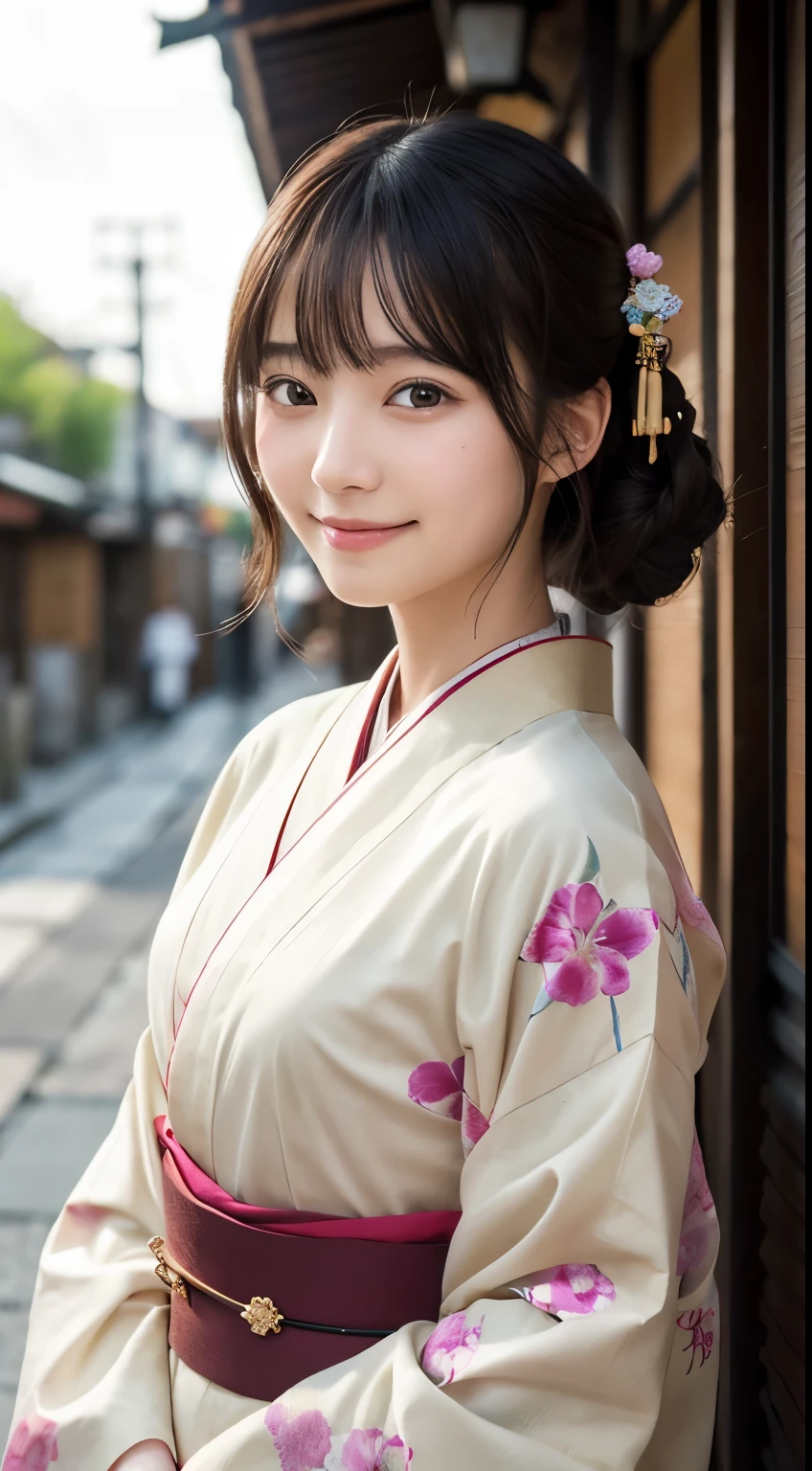 Professional Lighting,(Realistic:1.4), (Top image quality:1.0), (超High resolution:1.0), 8K, Raw photography, (masterpiece:0.2), (Dealing with the Children_v1:0.5)、(最高quality Detail:1.2)、Realistic、8K Ultra HD、High resolution、(1 Girl:1.2)、超detailedな、High quality textures、複雑なdetailed、detailed、Very detailed CG、High quality shadows、detailed 美しく繊細な顔、Beautiful details and a delicate eye、(Symmetrical eyes:1.2),Written boundary depth、Ray Tracing,1 Girl, Japanese Girls, (Natural smile:1.4),cute, thin, Portrait of a beautiful Japanese woman in a kimono, Standing elegantly on a street corner in Kyoto. Kimono with vibrant traditional patterns, Hair decorated with elegant and delicate hairpins, Gentle expression. (With the old streets of Kyoto in the background:1.4)、The soft light of a spring afternoon、Adding tranquility to the scene. Rendered in a Realistic style with great attention to detail, High resolutionの画像.Sky ????, Magic Hour, (Realistic:1.3), finely, quality, (Tabletop:1.2), (Realistic:1.2), (最高quality), (複雑なdetailed), dramatic, Ray Tracing, photograph, +roller