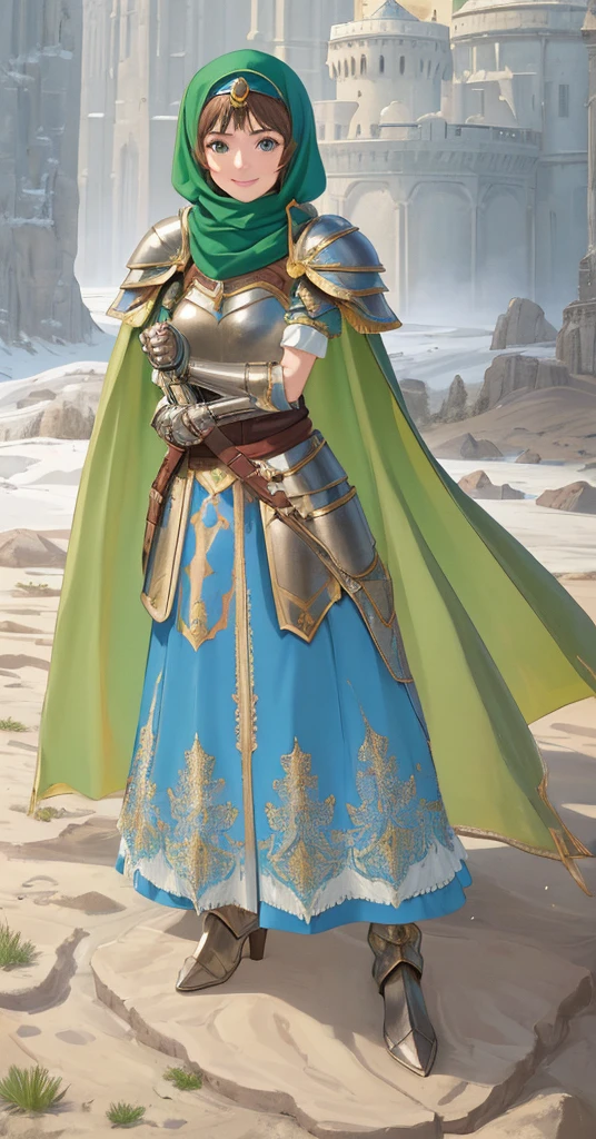 masterpiece, best quality:1.2), 1girl, smile, looking at viewer, green eyes, short brown hair, princess, armor, blue hijab headscarf, pauldrons, armored dress, green cloak cape, wearing puffy blue ballgown skirt, armored boots, fingerless gloves, standing in front of desert castle