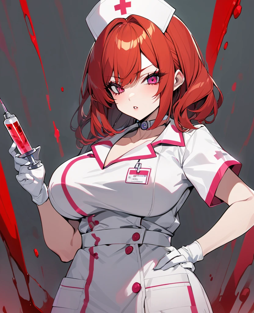 redhead nurse, shorth hair,large breasted,holding a syringe, bloodstains 