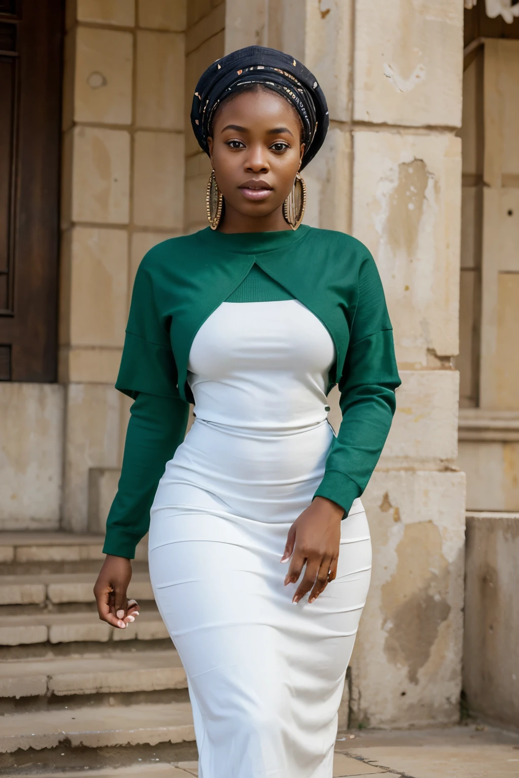Create a realistic depiction of a 23 year old African lady who is smartly dressed for church. She should be wearing modern, long clothes that cover her entire body. Her outfit should prominently feature green and white. She should have a very thick build and appear realistic."