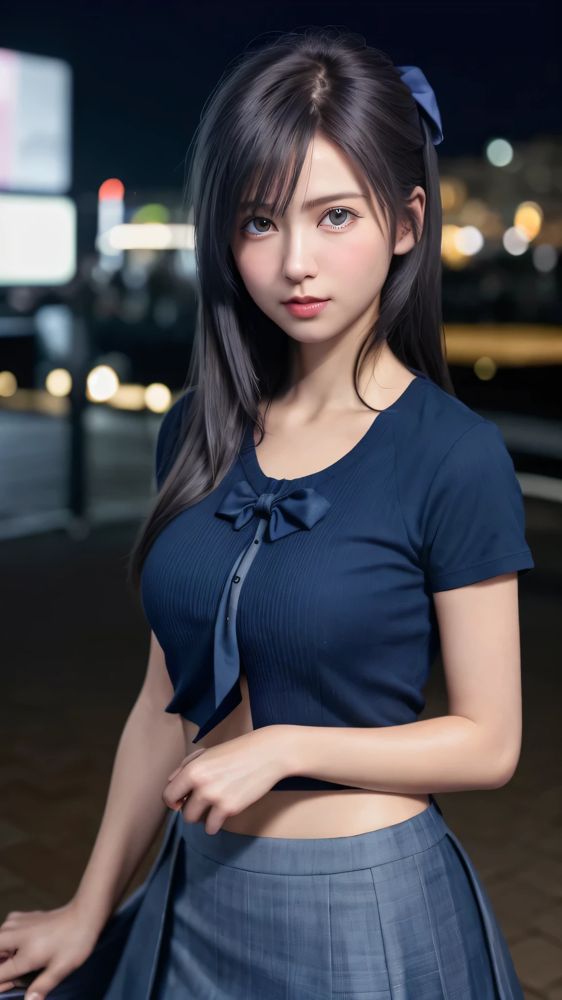 (8K, RAW Photos, Tabletop:1.3), (Realistic, Photorealistic:1.37), (night), (View your viewers:1.331), (Gray Hair), Pause, Shibuya Hikarie background, Soft Light, One Girl, Very beautiful face, bust, Put your hands down, Random hairstyle, Random representation, Big eyes, Lower abdomen, (Short sleeve .Hmph_shirt), Hmph_style, (Dark Blue AJC_skirt), (Bow Ticker_tie), Mix 4., Highest quality