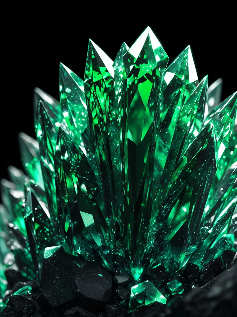 a close up of a green crystal on a rock with a dark background, a macro photograph by Eugene Leroy, flickr, crystal cubism, green crystal, beautiful crystals, glowing green crystals, emeralds, crystalline!!, crystals enlight the scene, crystals, translucent crystals, made of crystals, crystalized, with crystals on the walls, glowing crystals