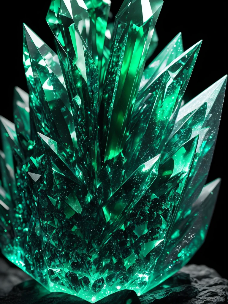 a close up of a green crystal on a rock with a dark background, a macro photograph by Eugene Leroy, flickr, crystal cubism, green crystal, beautiful crystals, glowing green crystals, emeralds, crystalline!!, crystals enlight the scene, crystals, translucent crystals, made of crystals, crystalized, with crystals on the walls, glowing crystals