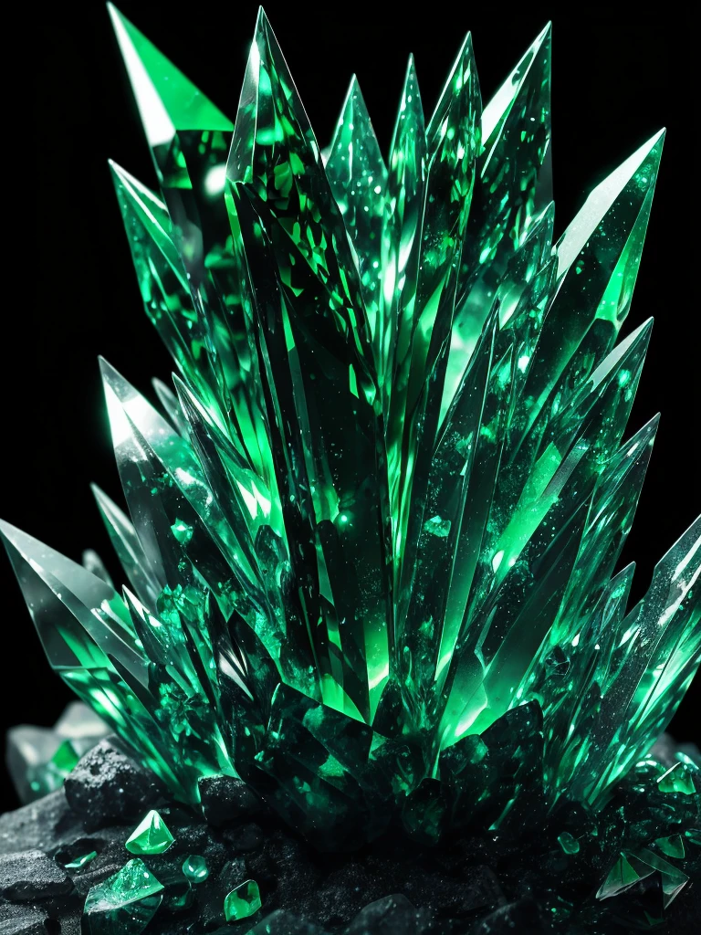 a close up of a green crystal on a rock with a dark background, a macro photograph by Eugene Leroy, flickr, crystal cubism, green crystal, beautiful crystals, glowing green crystals, emeralds, crystalline!!, crystals enlight the scene, crystals, translucent crystals, made of crystals, crystalized, with crystals on the walls, glowing crystals