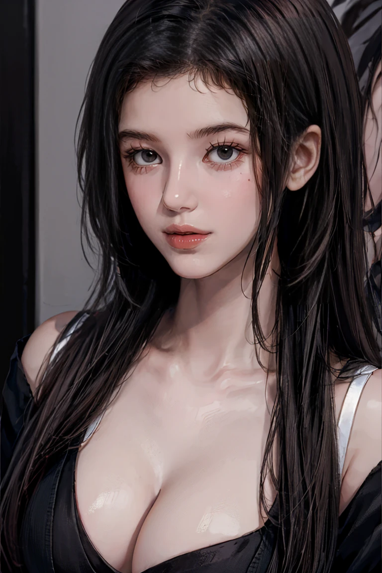 masterpiece、Best image quality、Black Hair、Black bra、huge titechs、And soul、8K,masterpiece, BSET quality,huge 、（One Girl）、((Pit Girl Suit))、Glowing Skin、Shiny big、Dark brown eyes、 ((Highest quality))、 Sharp focus:1.2、Highly detailed face and skin texture、Detailed eyes、Perfect Face、Perfect body、art、Hmph、Blur the background、Japanese、large chest with presence、Circuit Field、Blur the background、Cowboy Shot、
