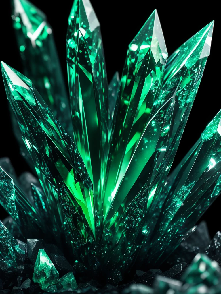 a close up of a green crystal on a rock with a dark background, a macro photograph by Eugene Leroy, flickr, crystal cubism, green crystal, beautiful crystals, glowing green crystals, emeralds, crystalline!!, crystals enlight the scene, crystals, translucent crystals, made of crystals, crystalized, with crystals on the walls, glowing crystals