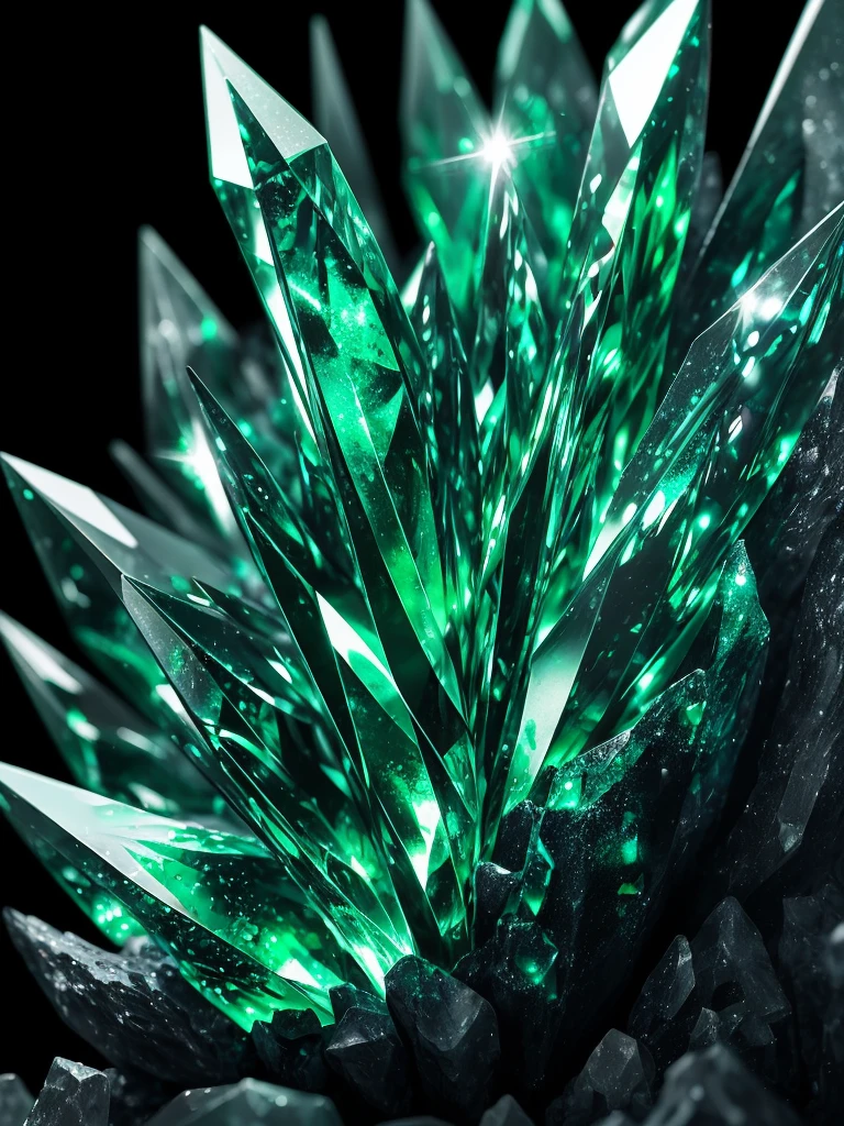 a close up of a green crystal on a rock with a dark background, a macro photograph by Eugene Leroy, flickr, crystal cubism, green crystal, beautiful crystals, glowing green crystals, emeralds, crystalline!!, crystals enlight the scene, crystals, translucent crystals, made of crystals, crystalized, with crystals on the walls, glowing crystals