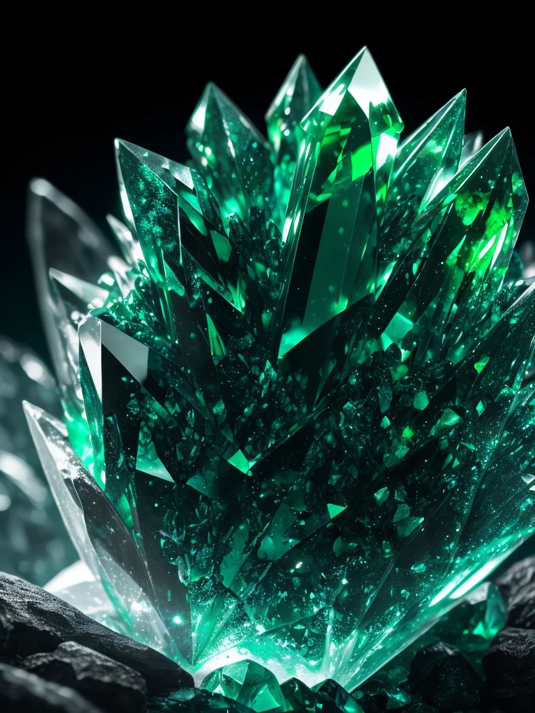 a close up of a green crystal on a rock with a dark background, a macro photograph by Eugene Leroy, flickr, crystal cubism, green crystal, beautiful crystals, glowing green crystals, emeralds, crystalline!!, crystals enlight the scene, crystals, translucent crystals, made of crystals, crystalized, with crystals on the walls, glowing crystals