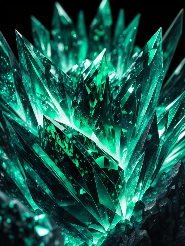 a close up of a green crystal on a rock with a dark background, a macro photograph by Eugene Leroy, flickr, crystal cubism, green crystal, beautiful crystals, glowing green crystals, emeralds, crystalline!!, crystals enlight the scene, crystals, translucent crystals, made of crystals, crystalized, with crystals on the walls, glowing crystals