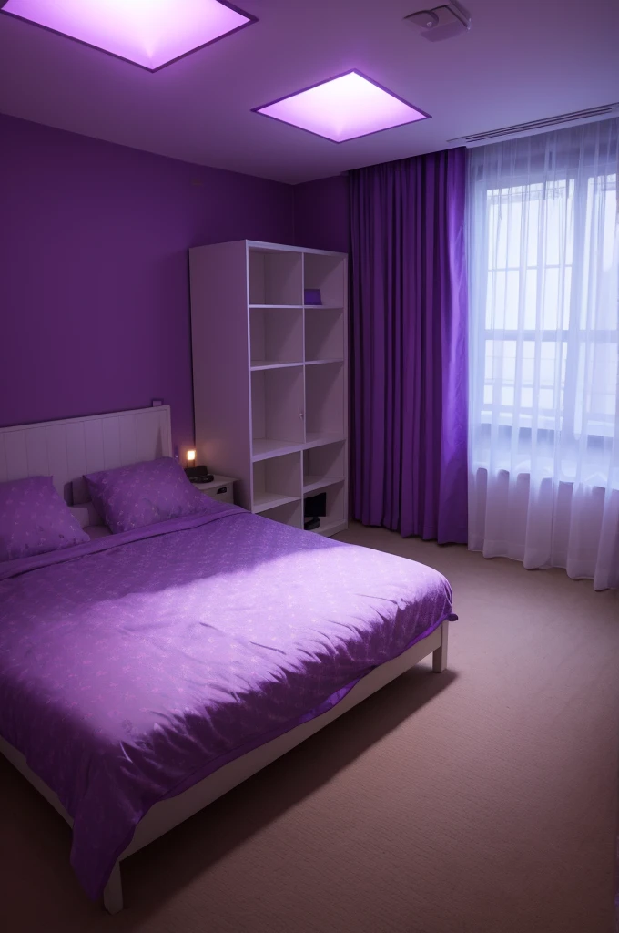 A room with purple LED light