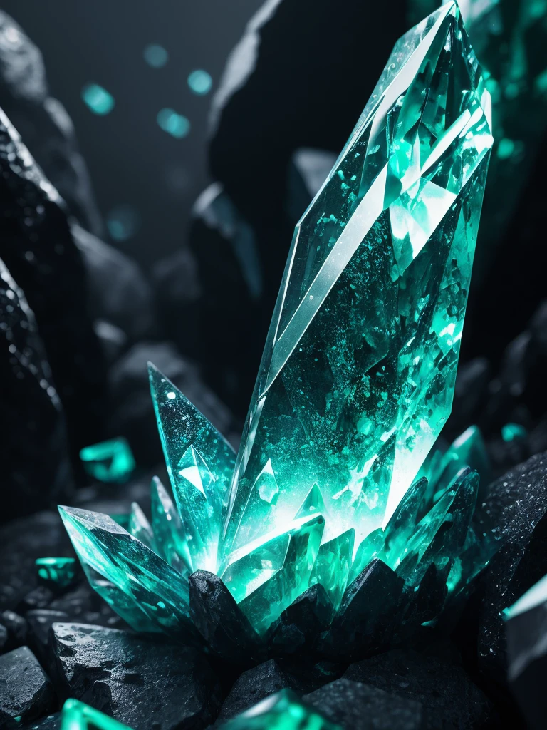 a close up of a green crystal on a rock with a dark background, a macro photograph by Eugene Leroy, flickr, crystal cubism, green crystal, beautiful crystals, glowing green crystals, emeralds, crystalline!!, crystals enlight the scene, crystals, translucent crystals, made of crystals, crystalized, with crystals on the walls, glowing crystals