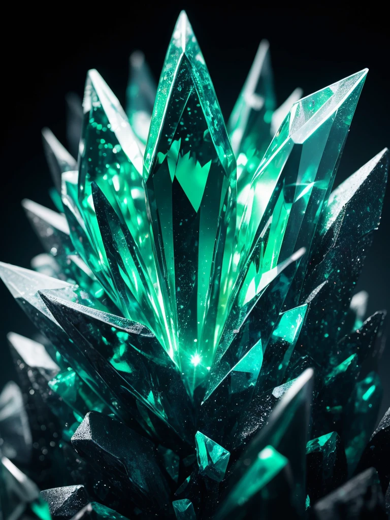 a close up of a green crystal on a rock with a dark background, a macro photograph by Eugene Leroy, flickr, crystal cubism, green crystal, beautiful crystals, glowing green crystals, emeralds, crystalline!!, crystals enlight the scene, crystals, translucent crystals, made of crystals, crystalized, with crystals on the walls, glowing crystals