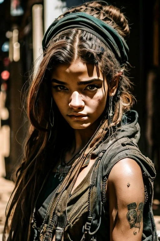 Cyberpunk, Scavenger, eighteen year old girl, dressed in rags, very pretty face