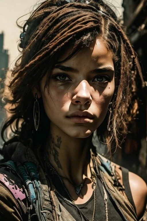 Cyberpunk, Scavenger, eighteen year old girl, dressed in rags, very pretty face
