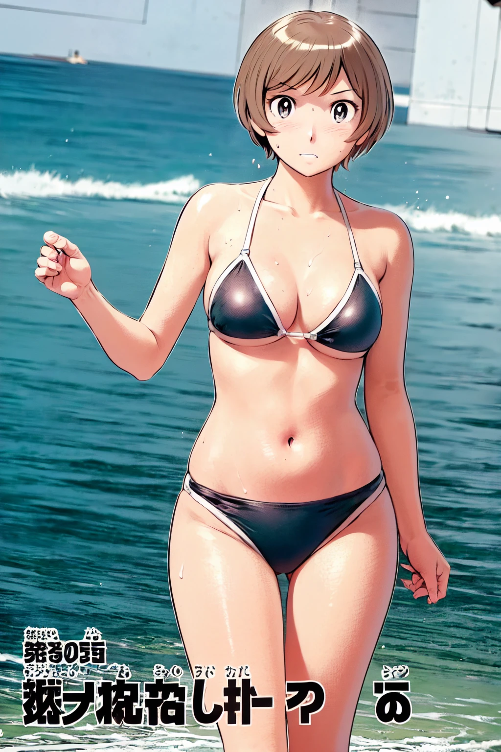 、(masterpiece、Highest quality)、Highest quality, Ultra-high resolution, (((masterpiece))), alone, Sweat、Big eyes, Composition from the front、Shortcuts、Embarrassed face、Bronze colored hair、Cut your hair short、Ocean、beach、Black Micro Bikini、belly button、short hair、(Bronze colored hair)