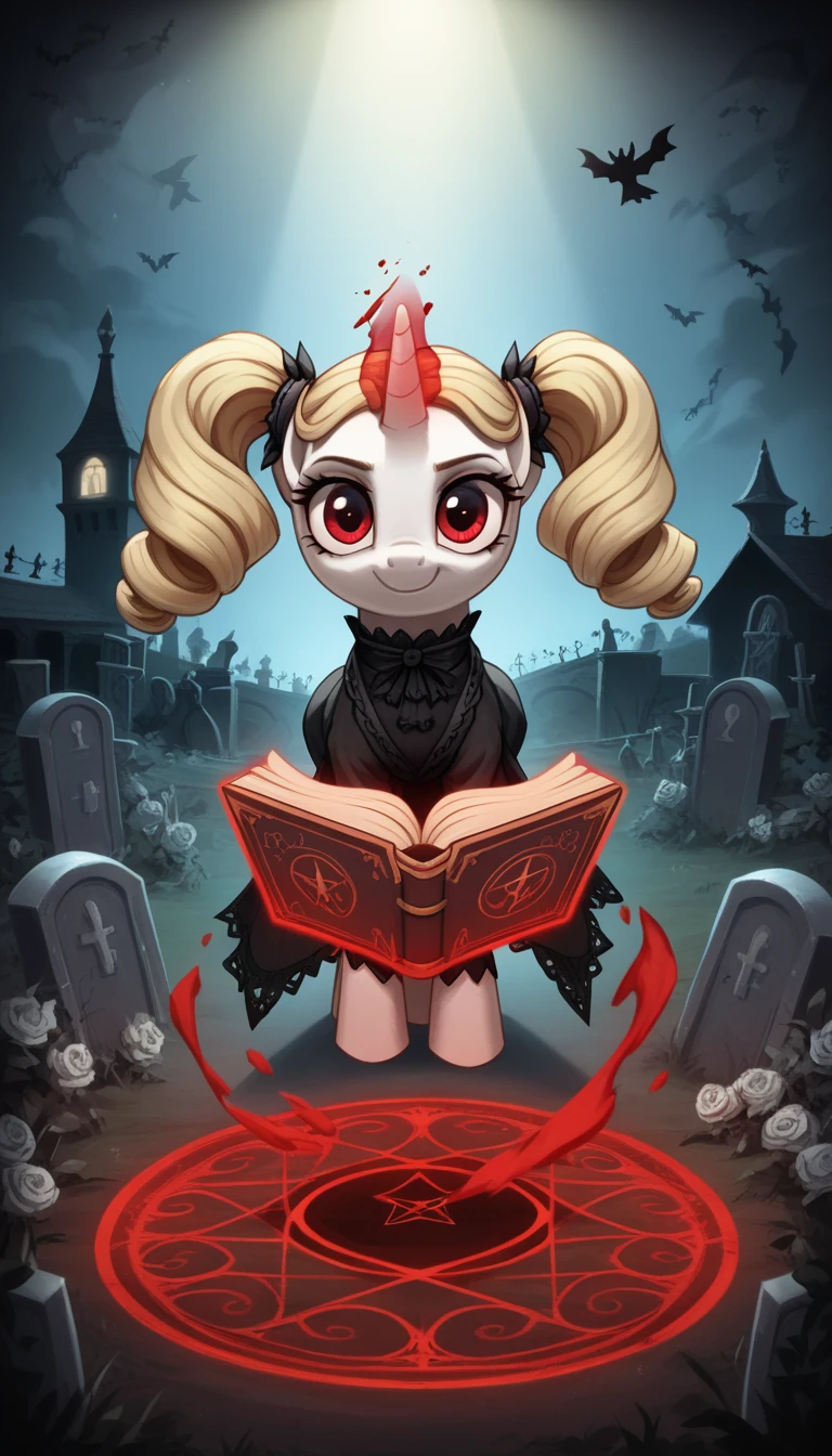 score_9,score_8_up,score_7_up,score_6_up, filly, unicorn, white fur, curly blonde hair, twintails, red eyes, Gothic pony, ta fashion, glowing backlight, fashion show, graveyard scene, glitter, whimsical, enchanted, magical, fantasy art concept, intricate details, insane smile, blood splatter on face, floating, levitating spell book, glowing horn, above angle