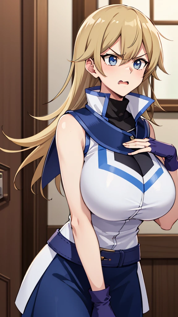 masterpiece, best quality, highres,1girl, solo, ta1, white jacket, sleeveless, blue skirt, fingerless gloves,  makurada junko, turtleneck, white vest, sleeveless, high collar, belt, blue miniskirt, huge breasts, arrogant, angry, cowboy shot, indoors, bedroom