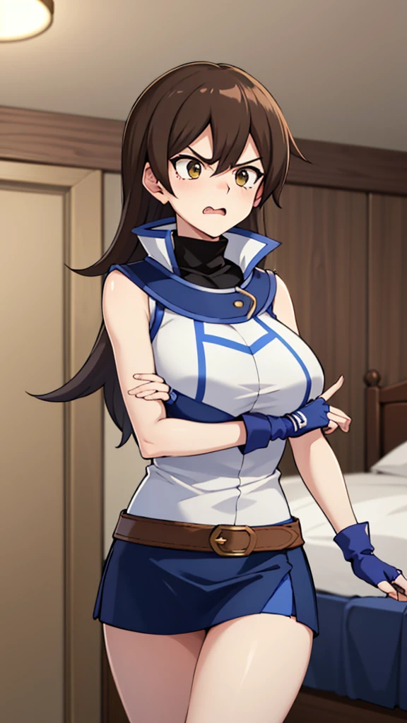 masterpiece, best quality, highres,1girl, solo, ta1, white jacket, sleeveless, blue skirt, fingerless gloves,  makurada junko, turtleneck, white vest, sleeveless, high collar, belt, blue miniskirt, huge breasts, arrogant, angry, cowboy shot, indoors, bedroom